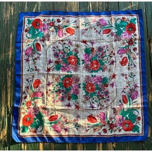 Vintage Lilian Italy Floral Scarf Blue Border Red Tulips Poppies Polyester 31x31
